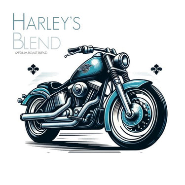 Illustration of a blue motorcycle with chrome details. Text at the top left reads 🏍️ Harley’s Blend Coffee – Smooth, Bold & Born to Be Wild. The background is white with small decorative symbols.